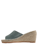 Sandalia de mujer en cuero azul con plataforma de yute, perfecta para eventos informales o semi-formales.