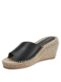 Sandalia casual de cuero negro con suela de esparto estilo boho-chic para un look versátil.