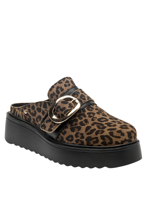 Calzado mule de cuero para mujer, estampado leopardo, hebilla dorada, versátil y moderno.