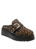 Calzado mule de cuero para mujer, estampado leopardo, hebilla dorada, versátil y moderno.