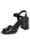 Sandalia de cuero negro con taco bloque y punta abierta, ideal para mujer en eventos formales.