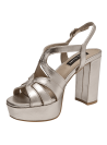 Sandalia oro de cuero para mujer, diseño elegante de punta abierta y taco bloque, ideal para eventos.