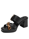 Sandalia de cuero negro para mujer con punta abierta y taco bloque elegante.