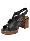Sandalia negra de cuero con taco bloque de 8 cm y diseño de punta abierta para mujer.