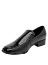 Mocasín de cuero charol negro para mujer con diseño de punta redonda y taco bloque de 3 cm.