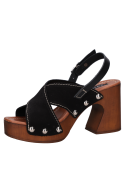 Sandalia de cuero negro para mujer con punta abierta y taco bloque de 9 cm.