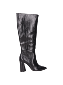 Botas de mujer en cuero negro, con tacón bloque de 9.5 cm, perfectas para eventos y salidas nocturnas.