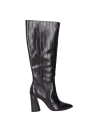 Botas de mujer en cuero negro, con tacón bloque de 9.5 cm, perfectas para eventos y salidas nocturnas.
