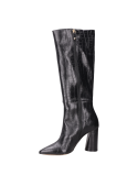 Botas elegantes negras de cuero, diseño vanguardista, combinables con vestidos ajustados y faldas midi.