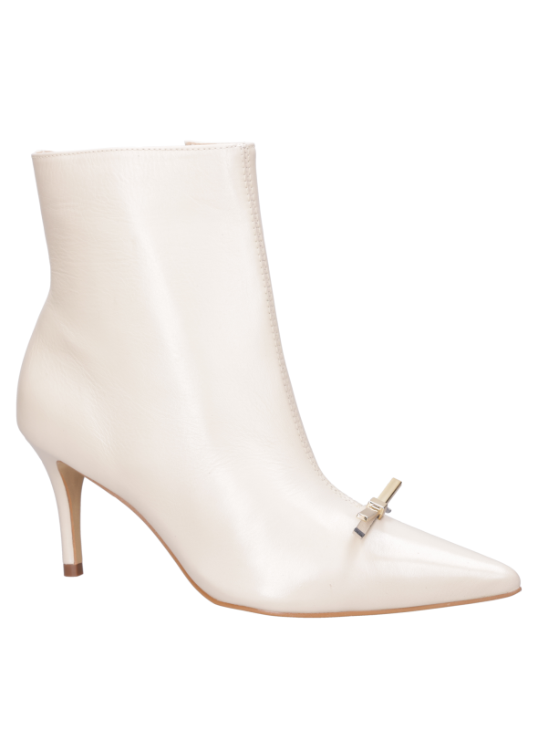 Botín de vestir beige para mujer, taco de aguja de 8 cm, perfecto para ocasiones elegantes.