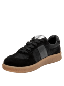 Zapatillas negras de cuero para mujer, con acabado mate y contraste de texturas, perfectas para un look versátil.