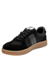 Zapatillas negras de cuero para mujer, con acabado mate y contraste de texturas, perfectas para un look versátil.