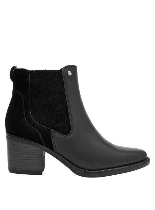 Botín negro de cuero para mujer, punta puntiaguda, recomendado para ocasiones informales y chic.