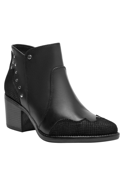 Botín de mujer en negro, cuero liso y texturizado, perfecto para combinar con vestidos.