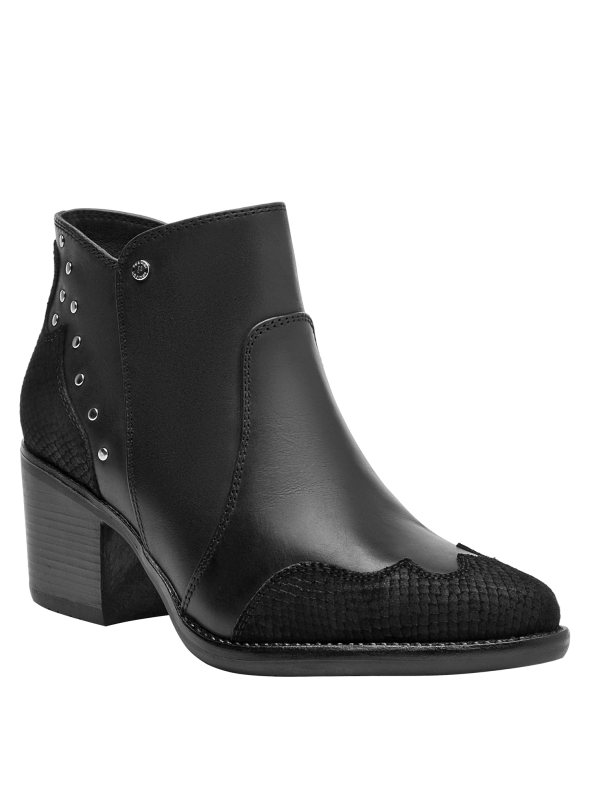 Botín de mujer en negro, cuero liso y texturizado, perfecto para combinar con vestidos.