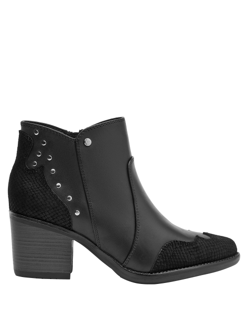Botín de mujer en negro, cuero liso y texturizado, perfecto para combinar con vestidos.