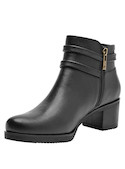 Botín negro de cuero para mujer, estilo casual, con detalles de correas decorativas.