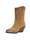 Bota vaquera camel de mujer en suave cuero con detalles brillantes y punta puntiaguda.