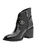 Botín de cuero negro para mujer con detalles de tachuelas y taco bloque de 7.5 cm.