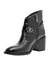 Botín de cuero negro para mujer con detalles de tachuelas y taco bloque de 7.5 cm.