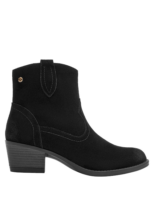 Botín de cuero negro para mujer, detalles de costura sutil, perfecto para ocasiones versátiles.