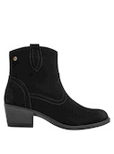 Botín elegante en cuero negro, taco bloque de 5 cm, ideal para un estilo moderno y chic.