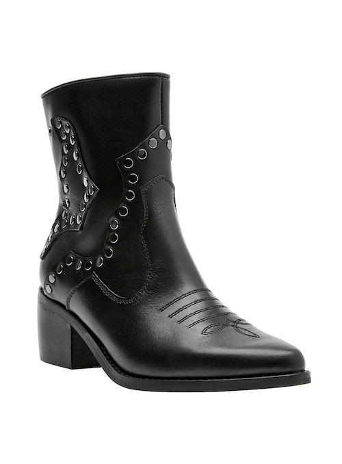 Botín negro de cuero para mujer, con taco bloque que ofrece estilo y confort en cada paso.