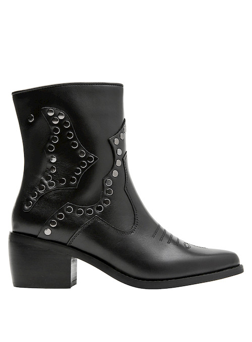 Botín negro de cuero para mujer, con taco bloque que ofrece estilo y confort en cada paso.
