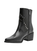 Botín negro de cuero para mujer, estilo casual, con detalles metálicos y taco bloque de 6 cm.