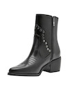 Botín negro de cuero para mujer, estilo casual, con detalles metálicos y taco bloque de 6 cm.