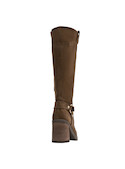 Bota elegante de mujer, con detalles decorativos en cuero camel y tacón cómodo.