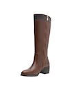 Bota elegante de cuero en tono café, perfecta para combinar con vestidos midi y pantalones ajustados.