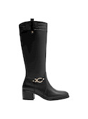 Bota de cuero negro para mujer, taco bloque que ofrece estabilidad y comodidad, ideal para vestidos midi o jeans.