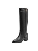 Bota negra de cuero para mujer, estilo casual, con taco bloque de 5 cm y punta redonda, ideal para outfits elegantes.