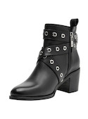 Botín de cuero negro para mujer, estilo casual con taco bloque y detalles metálicos.