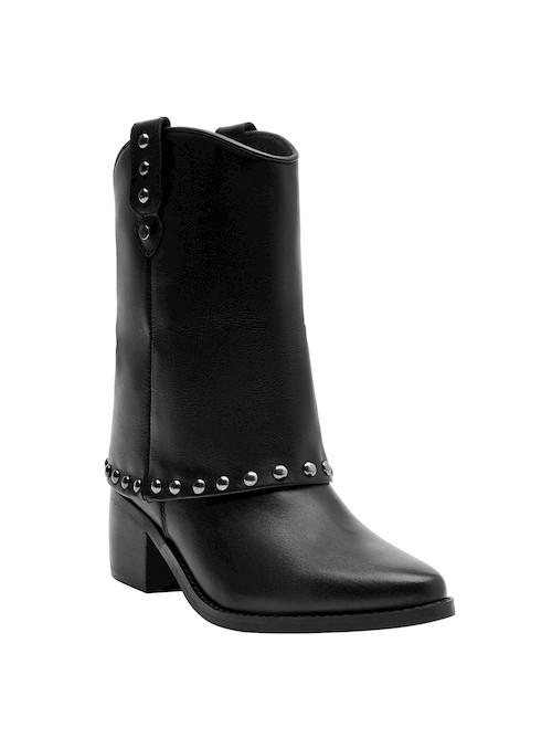 Botines de cuero negro con taco bloque, versátiles para looks de día y noche en mujeres.