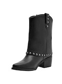 Bota de cuero negro para mujer, estilo casual, con detalles metálicos y taco bloque de 6 cm.
