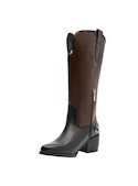 Bota de cuero negro con punta puntiaguda, perfecta para combinar con vestidos o jeans.