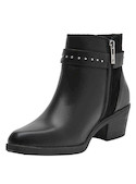 Botín de cuero negro para mujer, estilo casual, con detalles de strass y taco bloque de 5.5 cm.