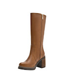 Botas de cuero camel para mujer, estilo casual, con taco bloque de 9 cm, diseño contemporáneo.