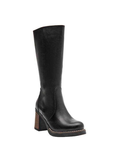 Bota de cuero negro para mujer, combina perfectamente con vestidos midi o jeans ajustados.