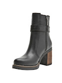 Botín de cuero negro para mujer, estilo casual, con tacón bloque de 9 cm y detalle de hebilla.