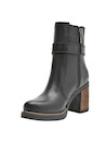 Botín de cuero negro para mujer, estilo casual, con tacón bloque de 9 cm y detalle de hebilla.