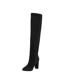 Botas negras de cuero para mujer, estilo casual, con taco bloque de 8 cm y punta puntiaguda.