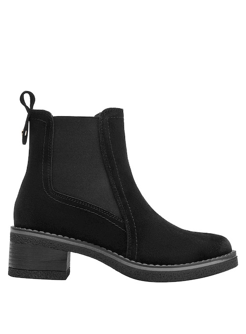 Botín negro de cuero para mujer, ideal para combinar con vestido midi o pantalones ajustados.