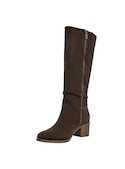 Botas de cuero café para mujer, estilo casual, con taco bloque de 5 cm y detalle de lazo con borlas.