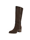Botas de cuero café para mujer, estilo casual, con taco bloque de 5 cm y detalle de lazo con borlas.