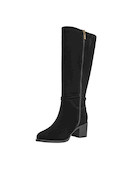 Bota de cuero negra para mujer, estilo casual, con taco bloque de 5 cm y detalles de borlas.