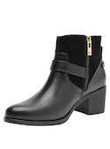 Botín negro de cuero para mujer, estilo casual, con tacón bloque de 5 cm y diseño de punta redonda.