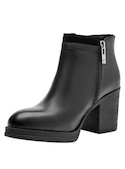 Botín negro de cuero para mujer, estilo casual con taco bloque de 8 cm, diseño elegante y moderno.